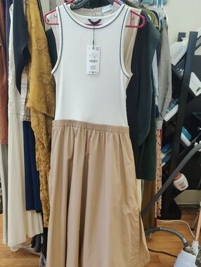 Zara White Ribbed Tank Top with Beige Skirt Dress